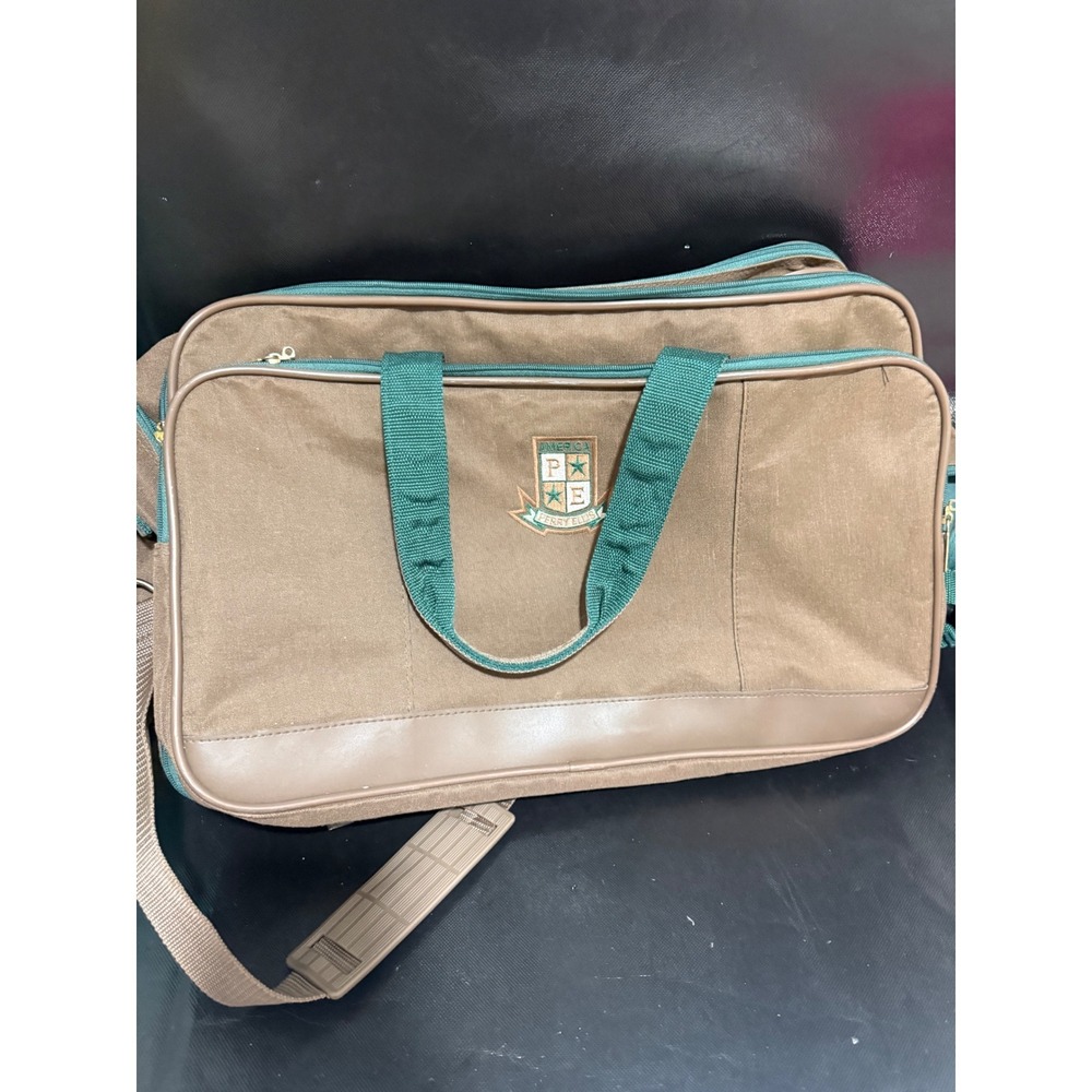 Perry Ellis America Vintage Duffle Bag Tan Green Canvas Travel Weekender Crest